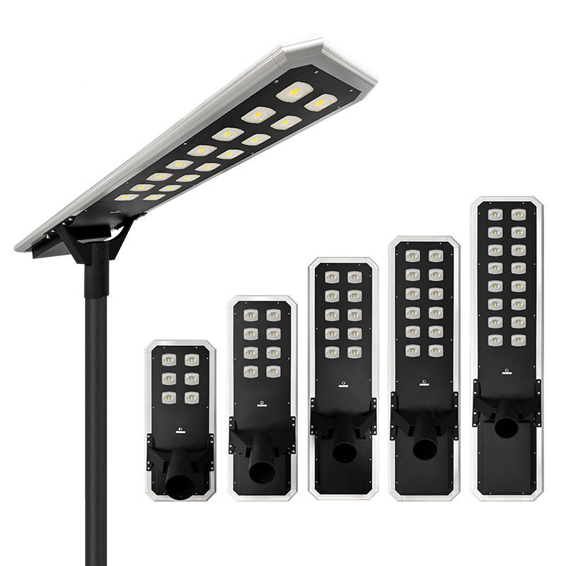 Solar Street Lights with solar panels and integrated battery system providing illumination for streets parks and pathways